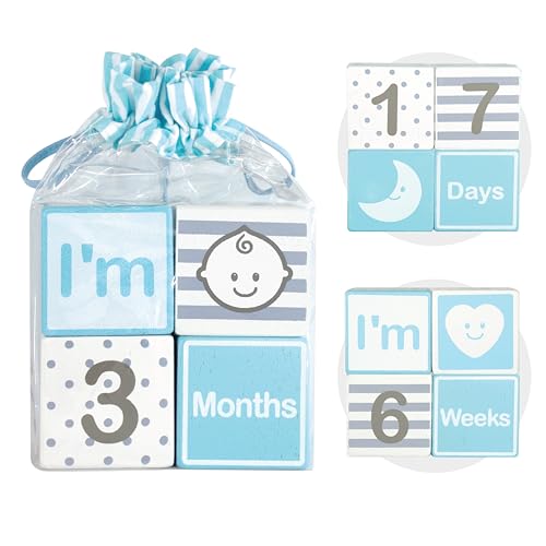I'm Solid Wood Monthly Weekly Yearly Milestone Age Blocks, Newborn Gifts &amp; Keepsakes for Picture Props (4 Pcs/Blue)