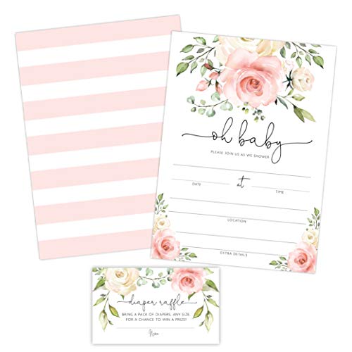 Floral Baby Shower Invitation, Blush Pink and White Rose Flowers Sprinkle Invites