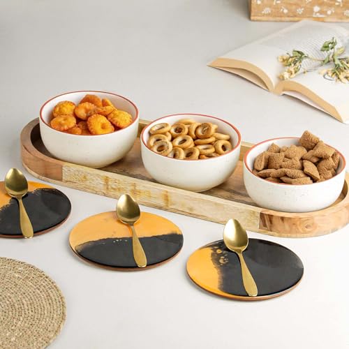 Image of The Earth Store White Marble Ceramic Bowl Serving Set - 3 Bowls (500ml Each) with Wooden Tray, 3 Spoons & 3 Multipurpose Lids /Coaster - for Snacks, Curries, Desserts & Fruits