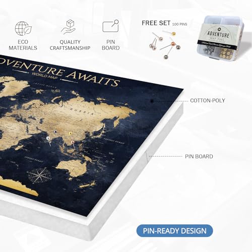 Image of IPIC - Personalized Framed World Map for Wall Art, Push Pin Travel Map Decor to Track Travels, Custom Artwork with Names, Pinnable Wall Decor for Home, Office, Study or RV, Ready to Hang