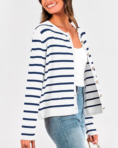 BTFBM Women's Cardigans Sweater 2024 Fall Striped Long Sleeve Button Down Crop Open Front Knit Outerwear Deco Pockets3