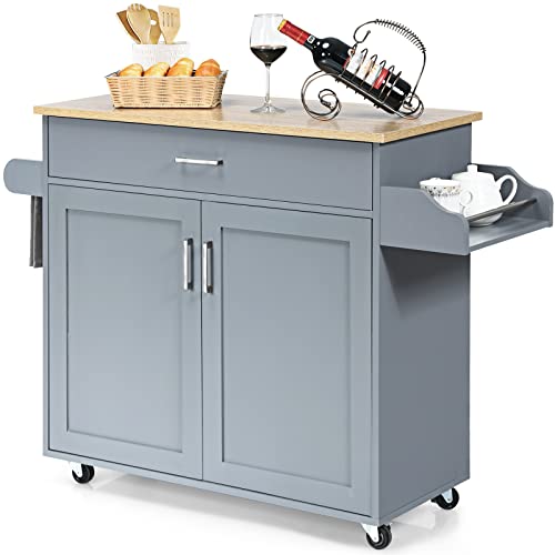 PETSITE Kitchen Island Cart with Storage Cabinet on Wheels Spice Rack Towel Rack Drawer Grey