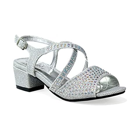 Girls Kids New Diamante Design Comfort Mid Block Heel Cross Strap Buckle Sandals UK Size 1-13 Cover