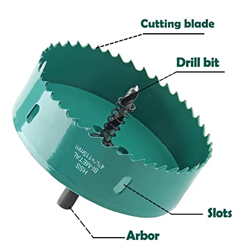 Image of 4-1 /2 Inch / 115mm Hole Saw with Heavy Duty Arbor, 4.5 Inch Hole Saw HSS Bi-Metal Hole Cutter Smoothly Cutting in Cornhole Boards, Plastic, Wood, Fiberboard, Drywall
