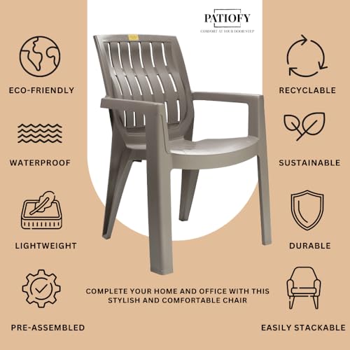 Image of Patiofy Plastic Chair Set of 4 for Home & Outdoor Use | Heavy Duty Comfortable Chair with Strong Legs | Stackable, Easy to Clean | Suitable for Living Room, Balcony (Pack of 4-Spino | Choco Cream)