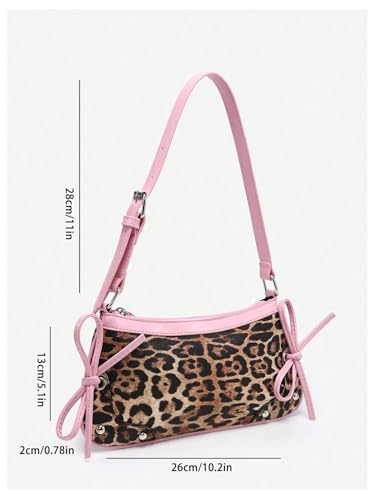 Image of QWINEE Women's Leopard Print Purse Y2k Cheetah Shoulder Bag Bow Studded Clutch Zipper Adjustable Strap Underarm Bag