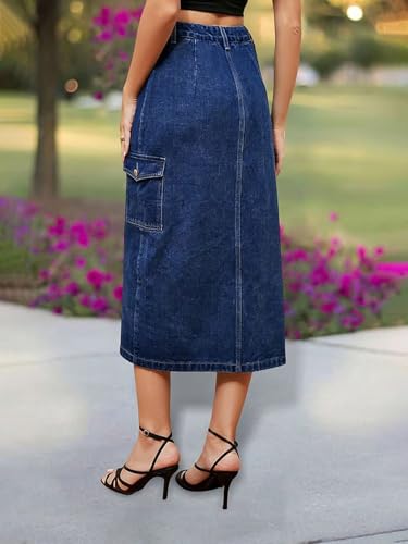 Flamingals Women's Casual Midi Denim Skirt Mid Waist Button Fly Split Summer Jean Skirt3
