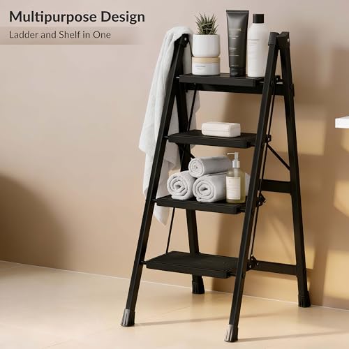 Image of Plantex 4 Step Ladder for Home Use /Wide Anti-Slip Heavy-Duty Step Stool /Lightweight Kitchen Ladder 4 Step (Black)
