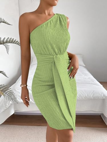Image of Shasmi Women's One Shoulder Bodycon Dress - Elegant Solid Textured Asymmetric Slim Fit High Waist Pencil Mini Dress | Parties, Cocktail, (Dress-224)