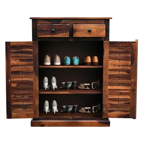 Image of Royaloak Ruby 2 Door Shoe Rack | Sheesham Wood Shoe Stand With Drawer Storage | Durable & Long Lasting | 3 Shelves Ample Storage | Emperor Collection | Wooden Shoe Rack for Home
