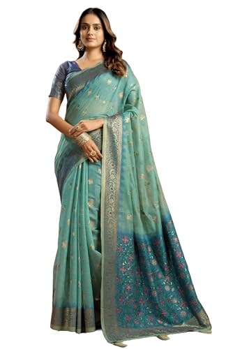 Sari zari indien en coton avec chemisier non cousu 14873 pour femme