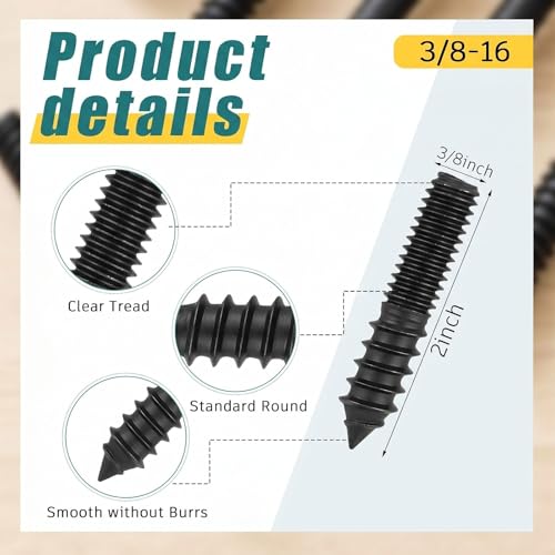 Image of Hicarer 20 Pack 3 /8-16 x 2 Inch Hanger Bolts Double Headed Bolts with Driver Self Tapping Screw Threaded Rod Screws for Furniture Double Headed for Wood Furniture Joint