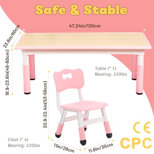 Image of FUNLIO Kids Table and 4 Chairs Set for Ages 3-8, Height Adjustable Toddler Table and Chair Set, Easy to Wipe Arts & Crafts Table, for Classrooms /Daycares /Homes, CPC & CE Approved (5 pcs Set) - Pink