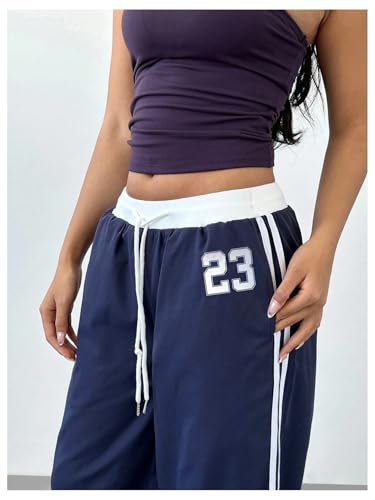 WDIRARA Women's Wide Leg Baggy Sweatpants Side Striped Number Graphic Track Pants with Pockets4
