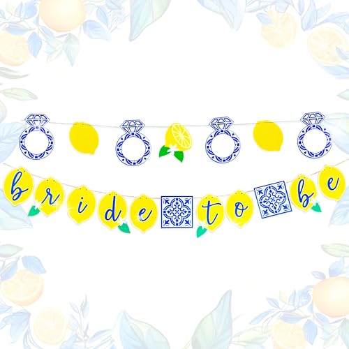 Image of Lemon Bridal Shower Decorations Capri Lemon Engagement Banner Blue Tiles And Lemon Bride to Be Banner Fruit Lemon Theme Bachelorette Party Decorations