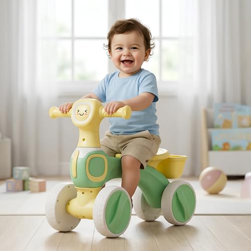 Image of Kidsmate Tiny Glide Baby Push Ride On Toy with Rear Storage Basket | 4-Wheel Stable Design for Balance, Coordination & Active Growth | Perfect Toddler Mini Bike for 1-4 Yrs - Green Yellow