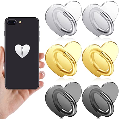 Moxweyeni 6 Pcs Cell Phone Ring Holder Stand Heart Shaped Phone Ring Holder Adhesive Metal Phone Finger Grip Universal Heart Ring Holder for Cell Phone Tablet, Sticky Phone Charms Accessories