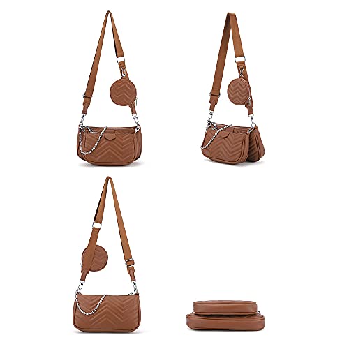 3 In 1 Purses and Handbags for Women Leisure Wave Pattern Crossbody Bags Coin Purses Ladies Wallet Multipurpose Shoulder Bag (Brown)2