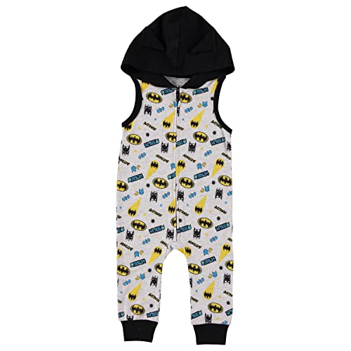 DC Comics Batman Baby Boys' Zipper Romper One Piece Bodysuit with Hoodie - Infant Sleep and Play Pajama (Blue/Grey/Yellow, 0-3 Months)