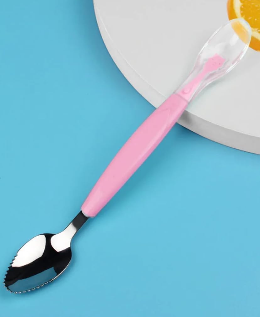Mini Baby 2 in 1 Baby Spoon with Stainless Steel and Soft Silicone Tip, Infant Feeding Spoon (Blue) (Pink)-image-9