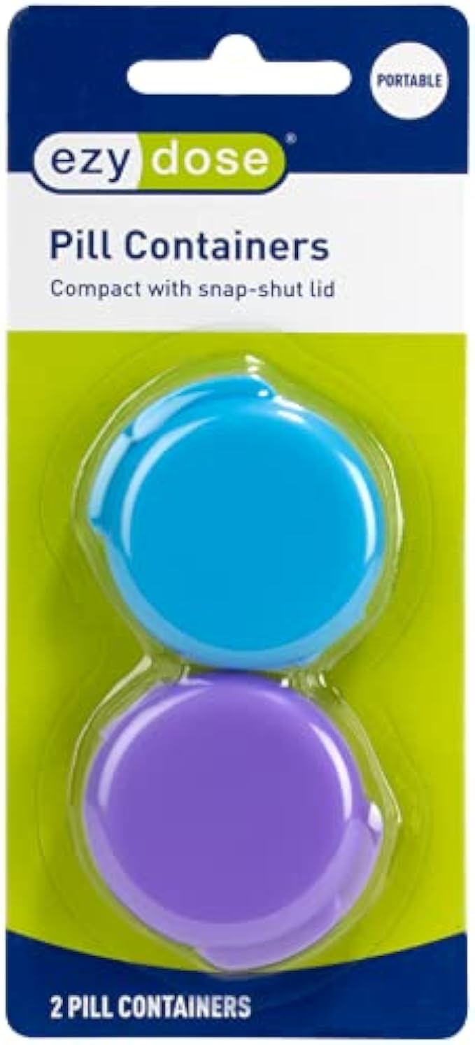 Ezy Dose Daily Round, Portable On-The-Go, Pill Box, Organizer and Vitamin Containers, Snap Shut Lids, Perfect For Traveling, Colors May Vary, 2 Pack