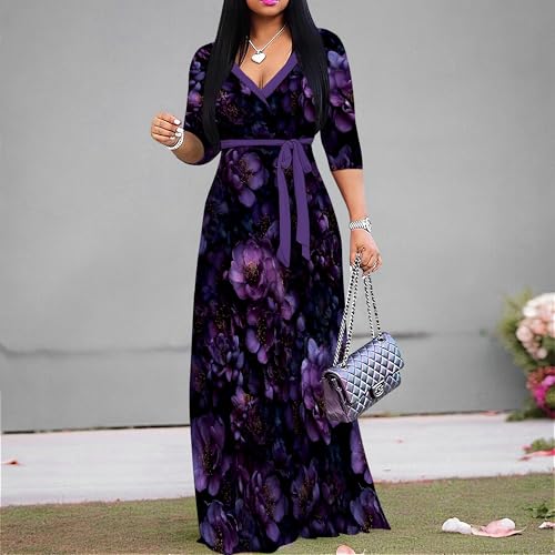 Image of Women Plus Size 3 /4 Sleeve V Neck Maxi Dress with Pockets | Soft fabric relaxed fit three quarter sleeve v neck with pockets for party and daily wear