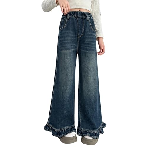 Girls Flare Jeans RuffledWide Leg Denim Pants Kids Elastic Straight Trousers Trendy Preppy Y2k Streetwear with Pockets