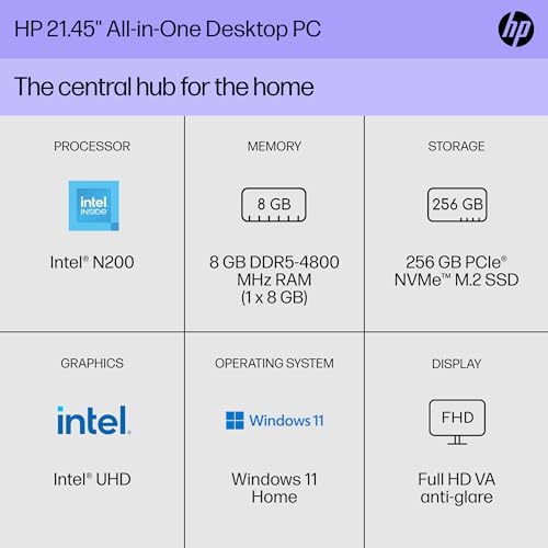 Image of HP 22 inch All-in-One Desktop PC, FHD Display, Intel N200, 8 GB RAM, 256 GB SSD, Intel UHD Graphics, Windows 11 Home, 22-dg0012 (2024)