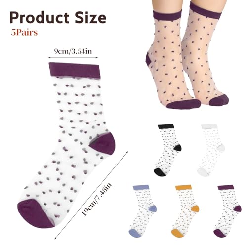 5 Pairs See-Through Socks Colorful Striped Dot Ultra-Thin Glass Socks Sheer Socks Mesh Casual Lace Socks Thin Fishnet Socks for Women3