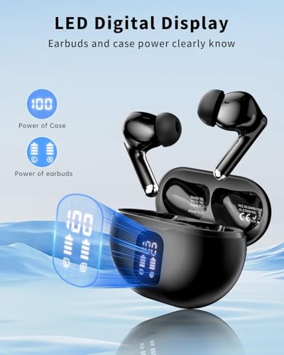 Image of Wireless Earbuds, Bluetooth 5.4 Headphones with 50H Playback, Deep Bass Stereo Ear Buds Clear Calls with LED Power Display, IPX7 Waterproof, in-Ear Earphones with Mic for Phone /Android /iPad, Jet Black