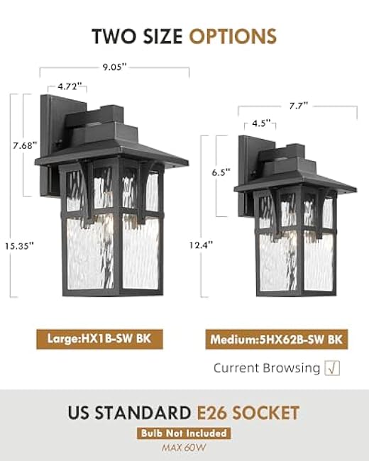 Outdoor Light Fixtures Wall Mount, HWH Outdoor Wall Lantern with Water Ripple Glass, 1-Light Porch Light in Matte Black Finish, Patio Balcony Indoor, 5HX62B-SW BK