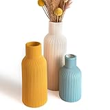 TrendEcoHome Colorful Ceramic Vases Set of 3 (White, Yellow, Blue) - Modern Matte Ribbed Color-Block Vases for Dried Flowers - Scandi Boho Decor Centerpieces for Living Room & Shelf (Not for Water)