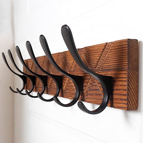 Skoloo Coat Rack Wall Mount - Antique Wooden Carved- X Cross Coat Hook, Wall Coat Hanger With 6 Hooks For Hanging Coats, Hats, Clothing, Scarfs, Brown & Black #TOP4