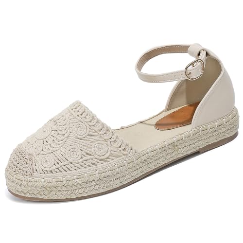 Lossarye Women's Platform Closed Toe Espadrille Sandals Adjustable Ankle Strap Comfortable Round Toe Breathable Flat Sandals for Summer Vocation Beach Dressy Shoes