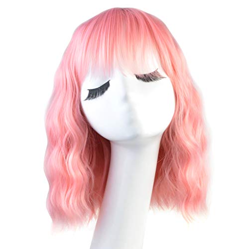 Nydotd Women's Pastel Wavy Wig With Air Bangs Short Bob Wig Curly Wavy Shoulder Length Pastel Bob Synthetic Cosplay Wig for Girl Women Costume Wigs Include Wig Cap (Pink)