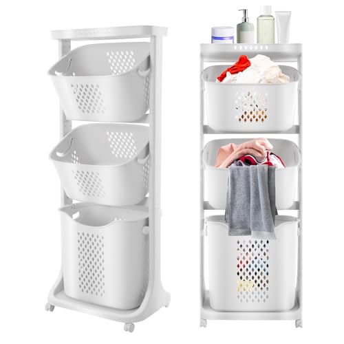 GSHIOIO 3 Tier Rolling Laundry Basket Vertical laundry hamper Sorter Cart with Wheels and Breaks Bathrooms Clothes Hamper 3 Section laundry organizer for Kitchens, Bedrooms, Laundry Rooms