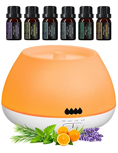Diffuser with Essential Oils Included, UmideLead 500mL Essential Oil Diffuser with 6 Oils Set, 23dB Quiet Oil Diffuser for Essential Oils with 8 Colors Light, 20H Long Worktime, Auto Shut-Off(White)