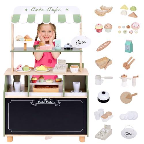 Wooden Coffee Shop Play Set, Pretend Grocery Store, Realistic Bakery Shop Sessert Stand with Toy Foods 37 PCS, Gift for Kids 3 4 5 6 Yead Old