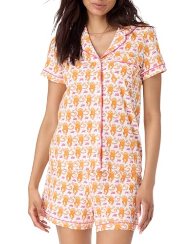 Image of Womens Y2k Preppy Pajamas Set, 2 Piece Button Down Monkey Beach Shorts Set Holiday Vacation Loungewear Pjs for Jammies Back to School Party Birthday Gifts(Orange, Medium)