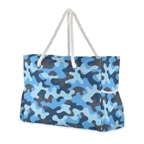 JUNZAN Camouflage Beach Tote Bag with Handles Swim Pool Bag Beach Totes Bags for Women with Waterproof Pockets Blue