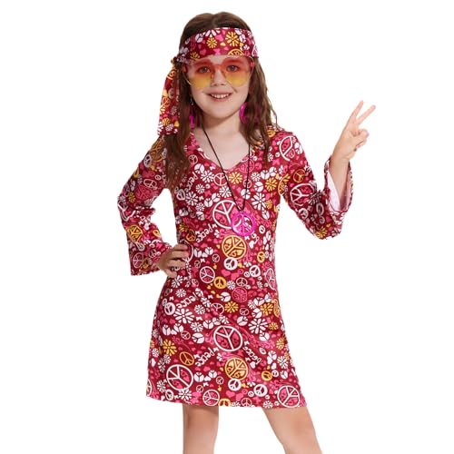 MRYUWB 70s Hippie Dress for Girls, 70s Outfits Peace Sign Necklace Headband, 60s Theme Party Costumes for Children 5-14 Years (Peace Sign Rose, 5-6 Years)
