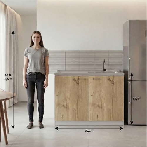 Image of Tuhome Napoles Utility Sink Base Cabinet with Integrated Stainless Steel Countertop, Freestanding Cabinet with Double Doors, Interior Shelf for Laundry Room, Utility Room, Mudroom or Kitchen