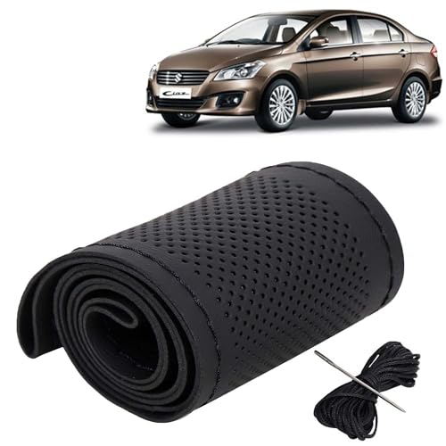 Image of KINGSWAY PU Leatherite Car Steering Cover Sewable Compatible with Maruti Suzuki Ciaz (Year 2014-2017), Black Color with Black Thread, Pack of 1 with Sewing Needle and Thread