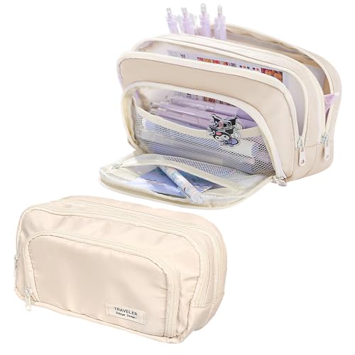 Lvjkes Estuche Escolar, Estuche para Lápices con 3 Compartimentos Alta Capacidad, Organizador de Papelería Grande Estético para Niños, Chico, Chica, Adolescentes, Estudiantes, Beige,21 x 13 x 7 cm