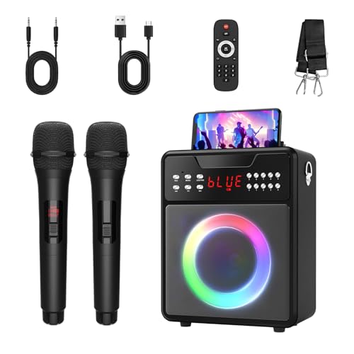 Image of Karaoke Machine for Adults, Portable Karaoke Machine with 2 Wireless Microphones, Bass /Treble Adjustment, Supports for TWS, AUX in, TF Card, REC, Karaoke Speaker for Party /Meeting