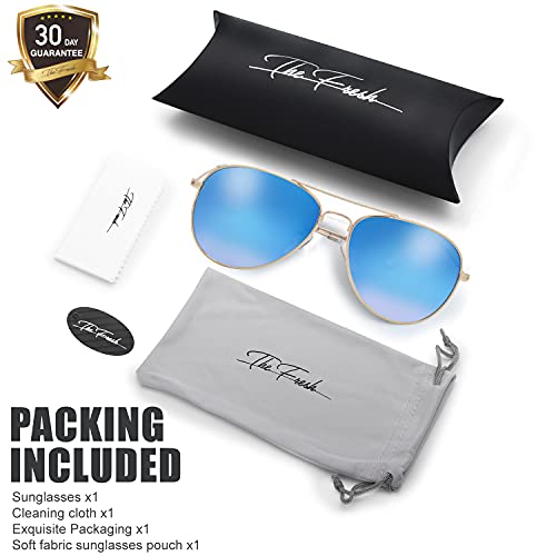 Image of The Fresh Classic Aviator Sunglasses for Men Women, Metal Frame Mirror Lens, Pilot Style, Includes Cleaning Cloth, Pouch