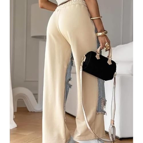 Women's Denim Trousers with Stitching and Ripped Design,Patchwork High Waisted, Casual Retro Loose Drawstring Ripped Jeans3