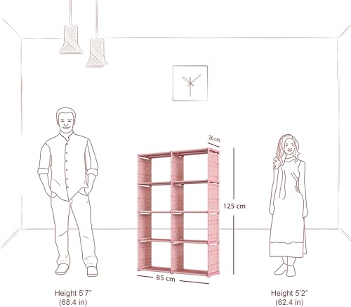 Image of TARKAN Open Book Shelf, Pink Cherry, 8 Compartment Storage Organizer, 85x26x125 cm, Moisture Resistant Fabric with Metal Frame