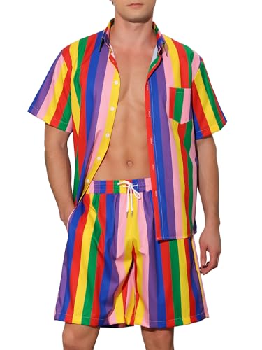 Lars Amadeus Stripe Hawaiian Sets for Men's 2 Pieces Short Sleeves Button Beach Shirt Shorts