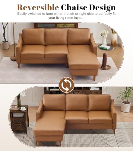 Image of Kingfun 88 inch L-Shape Sofa, Faux Leather Sectional Couch, Mid Century Modern Couches with Solid Wood Frame for Living Room Bedroom